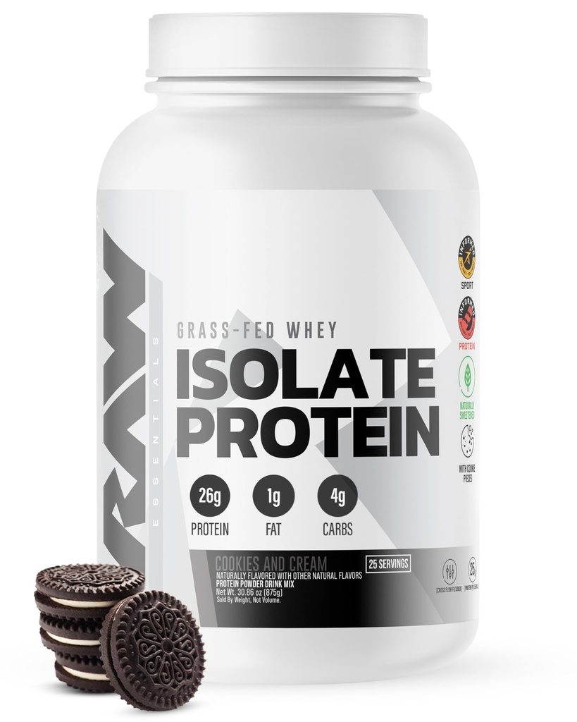 RAW WHEY Isolate Protein Powder, Cookies N Cream - 100% Grass- Fed Sports Nutrition Powder for Muscle Growth & Recovery - Lower-Fat, Low Carb, Alamly Flavored & Sweetened - 25 Pegawai