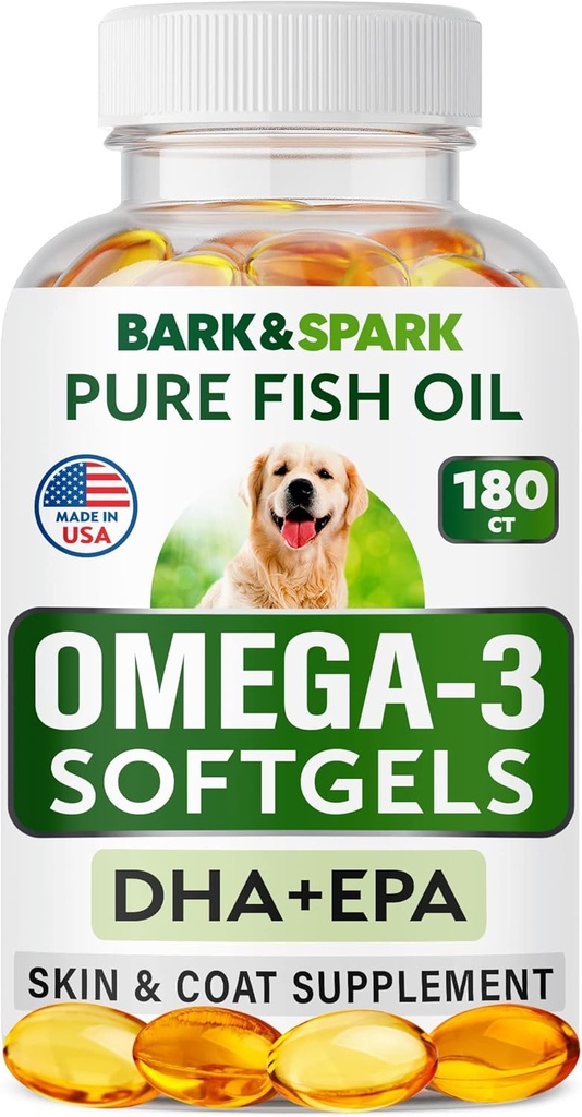 BARK & SPARK Omega 3 for Dogs - 180 Fish Oil Softgels for Dog Shedding, Skin Allergy, Itch Relief, Hot Spots Treatment - Gabungan Kesehatan - Skin and Coat Suplemen - EPA & DHA Fatty Accids - Salmon Oil