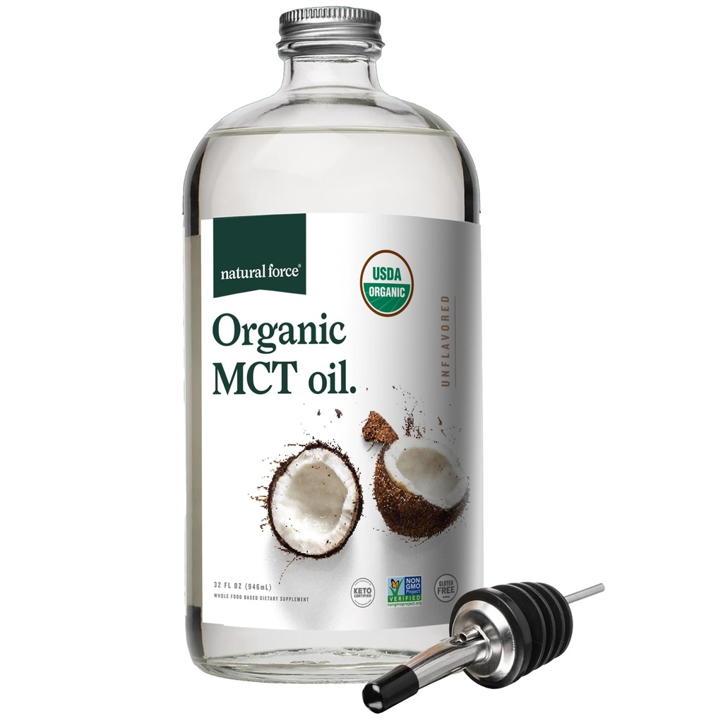 Natural Force Organic MCT Oil - Murni Kaca Botol - terbuat dari 100% Dingin Virgin Coconut Minyak + Sertifikasi Keto, Paleo, Kosher, Vegan & Non-GMO - Lab Diuji untuk Kualitas dan Kemurnian - 32 Ounce