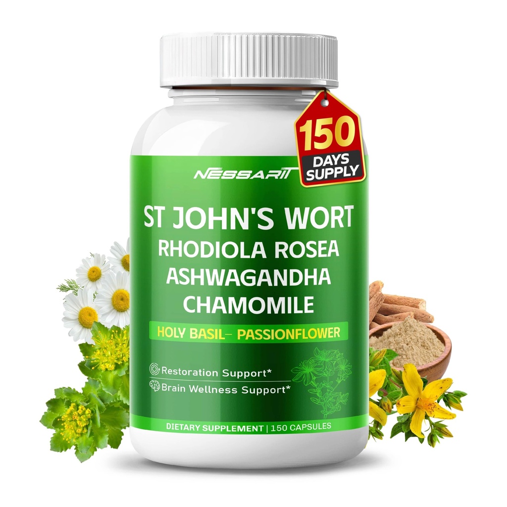ST John 's Welt 14 -1 Natural Blend dengan Rhodiola Ashwagandha Chamomile Holy Basil L- Theanine Valerian Passionflower - 150 Count - Made & Testing in the USA