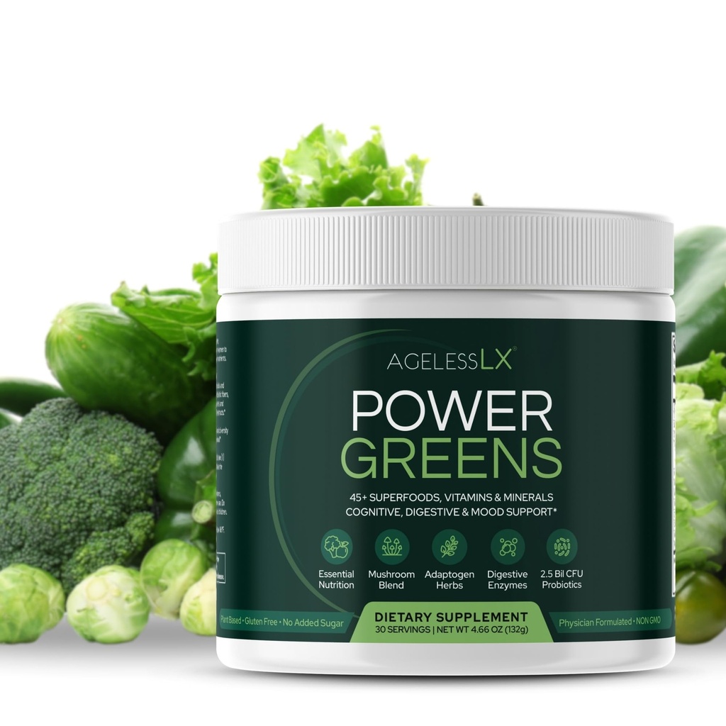 AgelesSLX Power Greens, 42 Superfood with Propoles, Enzymes, and Prebiotic Fiber for Enhanced Energy, Imunity & Digeptical Health, 30 Servis