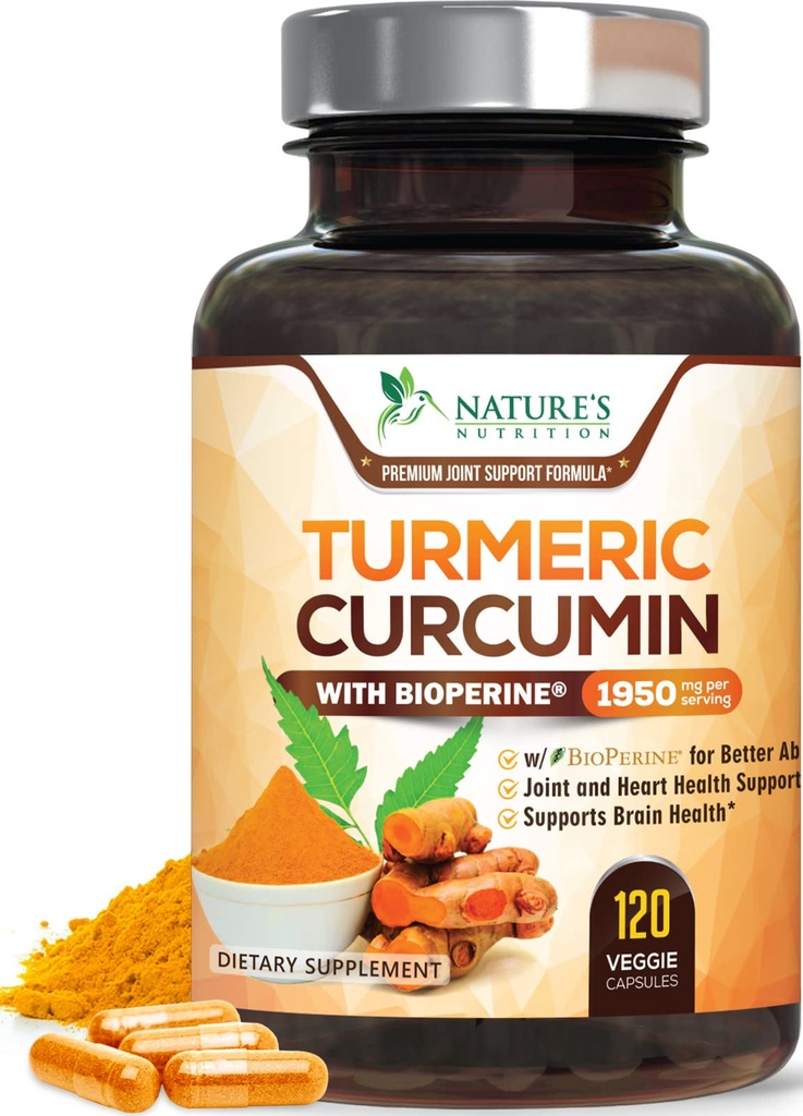 Turmeric Curcumin Supplement 1950mg - 95% Curcuminoids with Organic Turmeric & BioPerine Black Extract for Best Absorpsi, Nature 's Vegan Joint Dupport, Non-GMO, Bottoms in USA - 120 Capsules