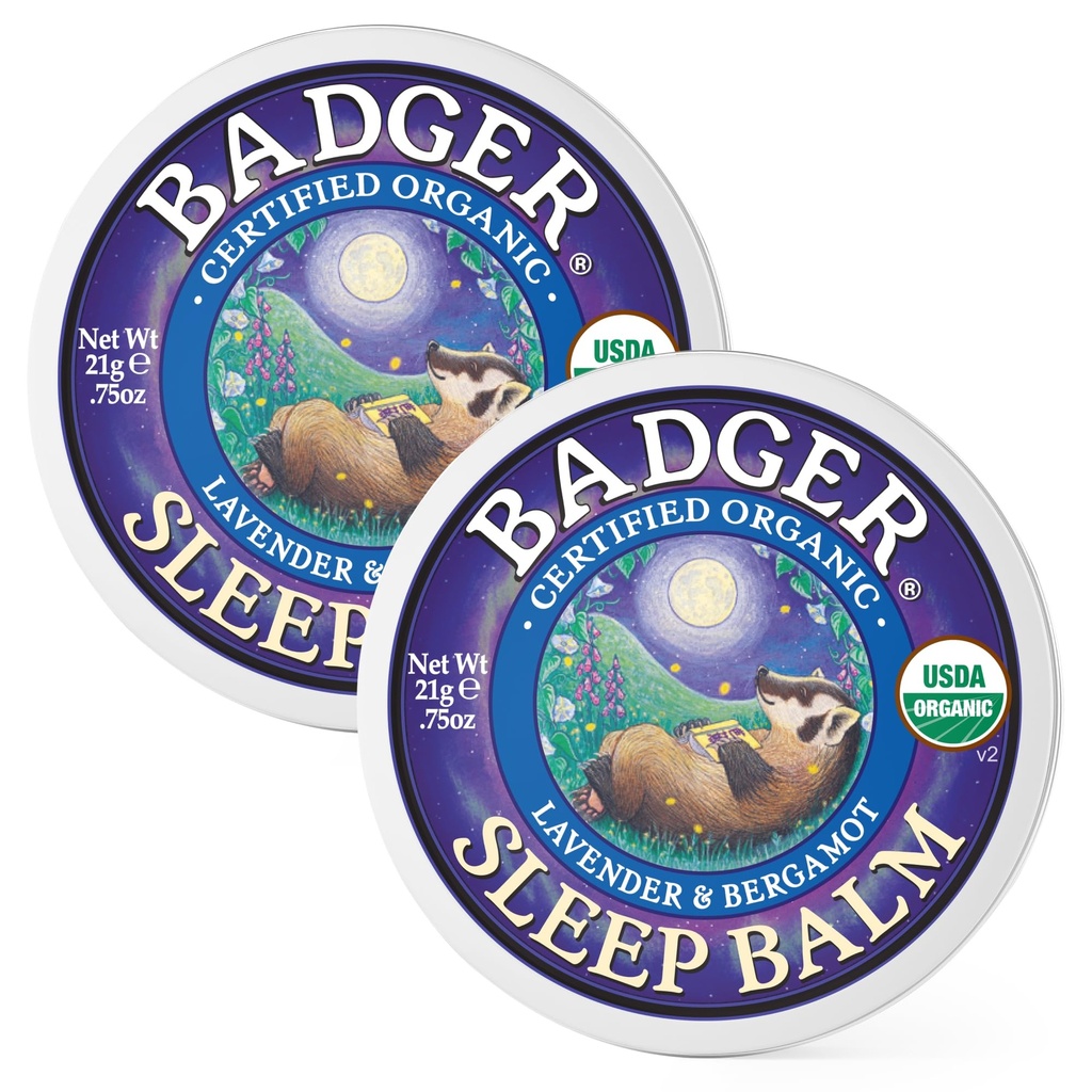 Badger Sleep Balm, Aromaterapi Minyak Organik Aromaterapi Natural Balm for Dewata & Anak-anak, Relaxing Lavender dan Bergamot Natural Sleep Support, .75 oz Tin, 2-Pack