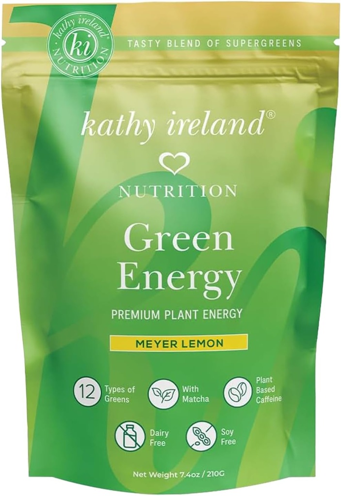 Kathy Irlandia Super Greens Energy Powder, Minuman Energi Bersih Mix dengan Matcha & Green Tea, Suplemen Immune & Digetical, Tanpa Tambahkan Gula, Meyer Lemon Flavor, 7.4 oz