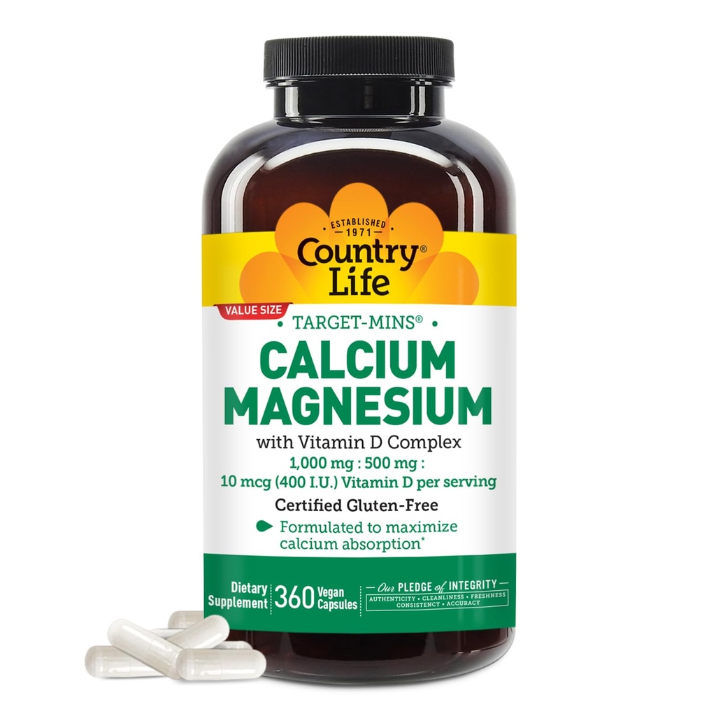 Country Life Target-Mins Kalsium Magnesium dengan Vitamin D- Complex, 10000mg / 500mg / 10mcg, 360 Vegan Kapsul, Certifikasi Gluten Bebas, Sertifikasi Vegan, Diverifikasi Non-GMO Diverifikasi...