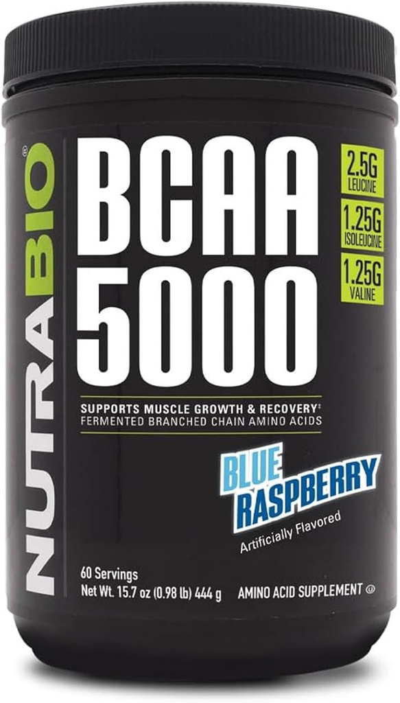 NutraBio BCAA 5000 Powder - Vegan Ferwered BCAAs - Support Lean Muscle Growth, Recovery, Endurance - 60 Servings - Blue Raspberry