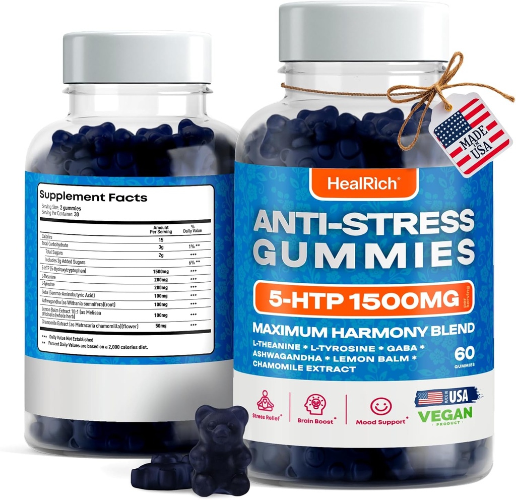 Stres Relief Gummies - 1500MG 5HTP dengan L-Theanine Gaba & L-Tyrosine - Ashwagandha Herbal Support Intellency Vegan Brain Mood Boost Suplemen Anak-anak & Dewasa Dibuat di Amerika Serikat