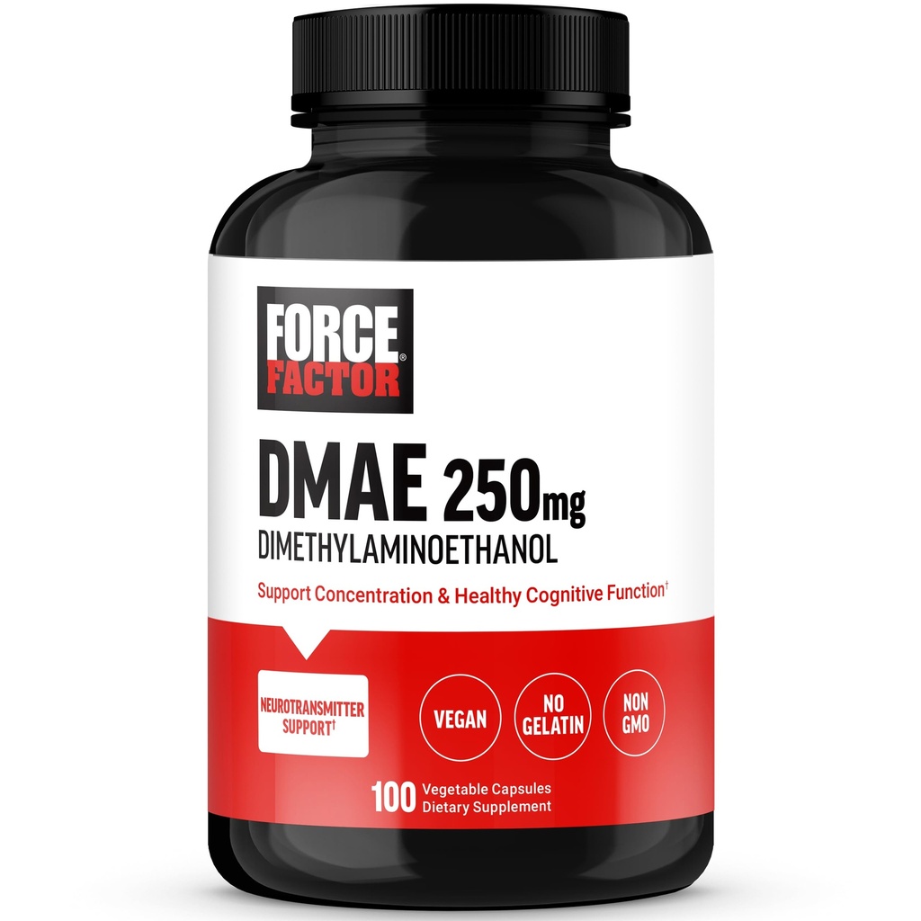 FORCE FACTOR DMAE Tambahan untuk Konsentrasi, Fokus, dan Fungsi Kognitif Sehat, Tambahan Otak & Neurotransmitter Dukungan, Vegan, Non- GMO, 100 Kapsul