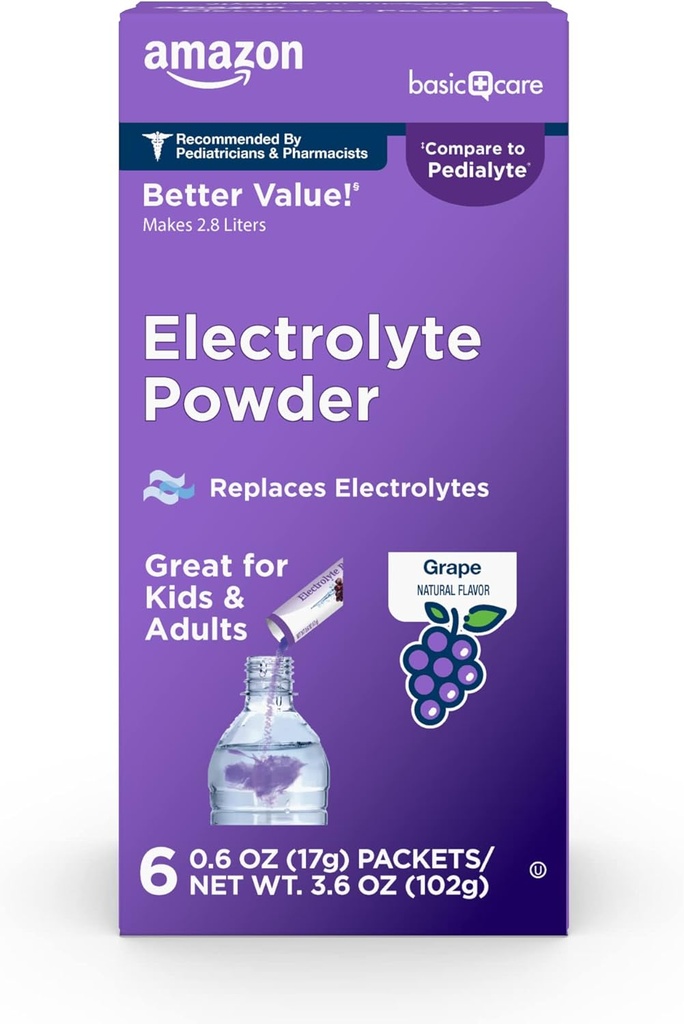 Basic Care Electrolite Powder Packet for Rehydration for Kids & Adults, Grape Flavor, 6 Count (Pack of 1)