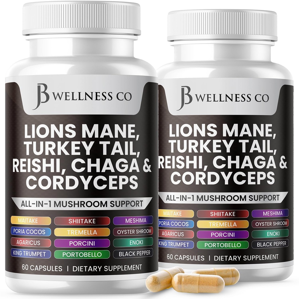 Lions Mane Suppplement Cognitive Dukungan, Imune Health with Turkey Tail 20in1 Mushroom Reishi Cordyceps Chaga dengan Marshmallow Root - 120 Count