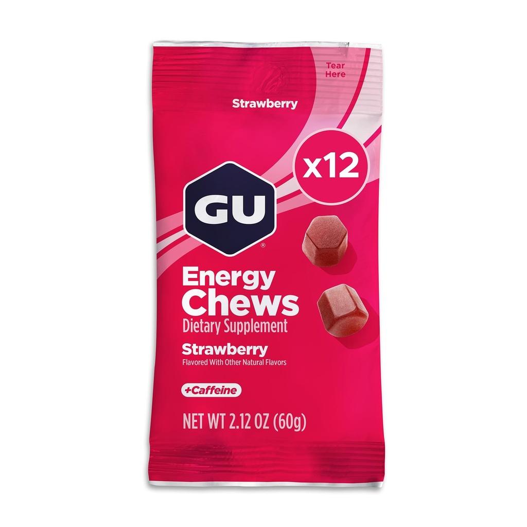 GU Energy Chews, Strawberry Energy Gummies dengan Electrolytes, Vegan, Gluten-Free, Kosher, 20 mg Caffeine, dan Dairy- Free On- Go Energy untuk setiap Pemujaan, 12 Bags (24 Pelayan Total)