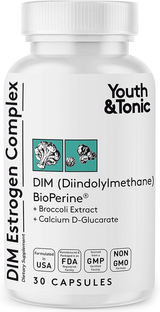 Pemuda & Tonic DIM BioPerine untuk Estrogen Metabolism Dukung 124; Wanita dan Pria Hormone Keseimbangan dengan Ekstasi Blocker 124; Diindolylmetana Supplemen - 30 Pil