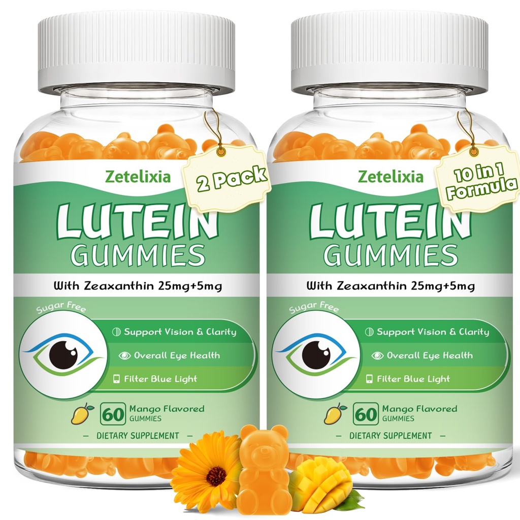 2 Pack Lutein Gummies 25mg, Sugar Free Lutein Suplemen Gummies, Eye Health Suplemen untuk Dewasa, Eye Vitamin Lutein untuk Vision and Blue Light Protection, Mango Flavor, 120 Count