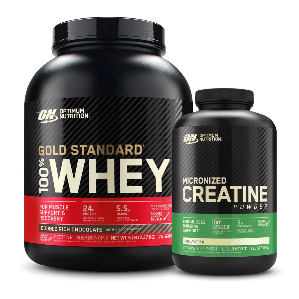 Optimum Nutrection 100% Gold Standard Whey Protein Powder: Coklat Kaya Ganda (5 Pound) dengan bubuk Creatine Monohydrate Micronized, Unflafeated (120 Serbu) - Bundle Pack