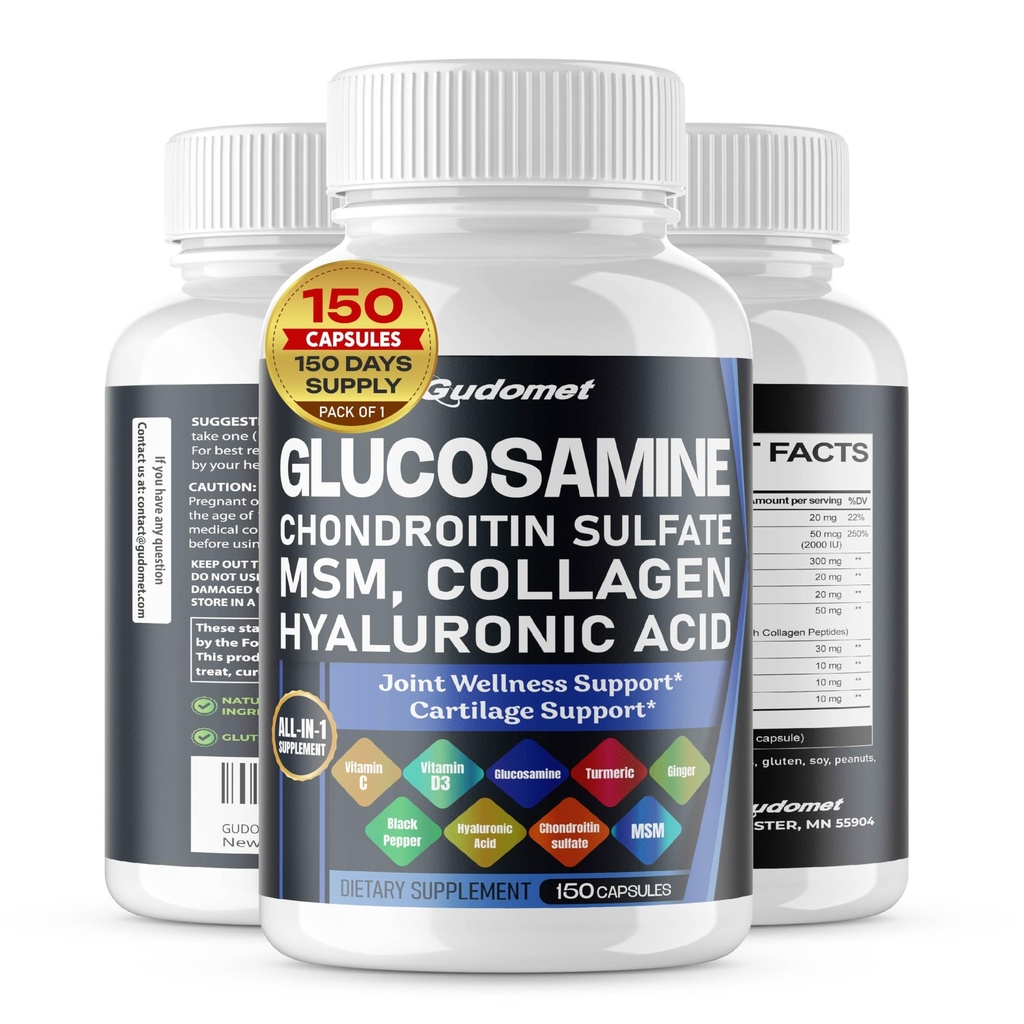 Glucosamine Chondroitin sulfat Methylsulfonymetana Hyaluronic Acid Ginger Vitamin C, D3, Black Pepper -150 Kapsul - dibuat di USA