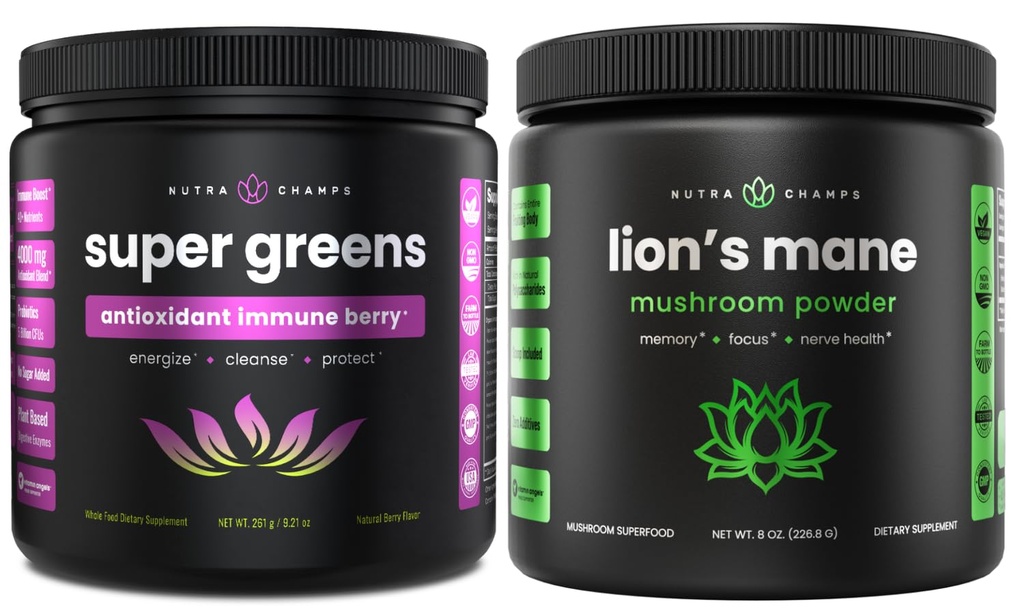 NutraChamps Super Greens Antioksidant & Lion 's Mane Powder. Digettif, Imunitas & Dukungan Adaptogen