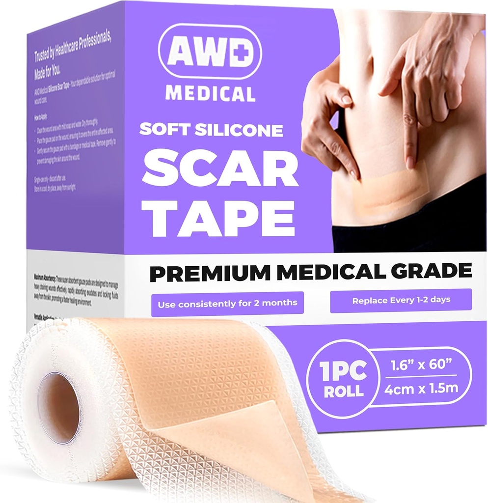 AWD Silicone Scar Sheets for Surgical Skies - Seamless Medical Grade Scar Tape for C Seamless Tape - Silicone Skin Patches Setelah Operasi Harus Haves (1.6 "x 60" Seamless Roll)