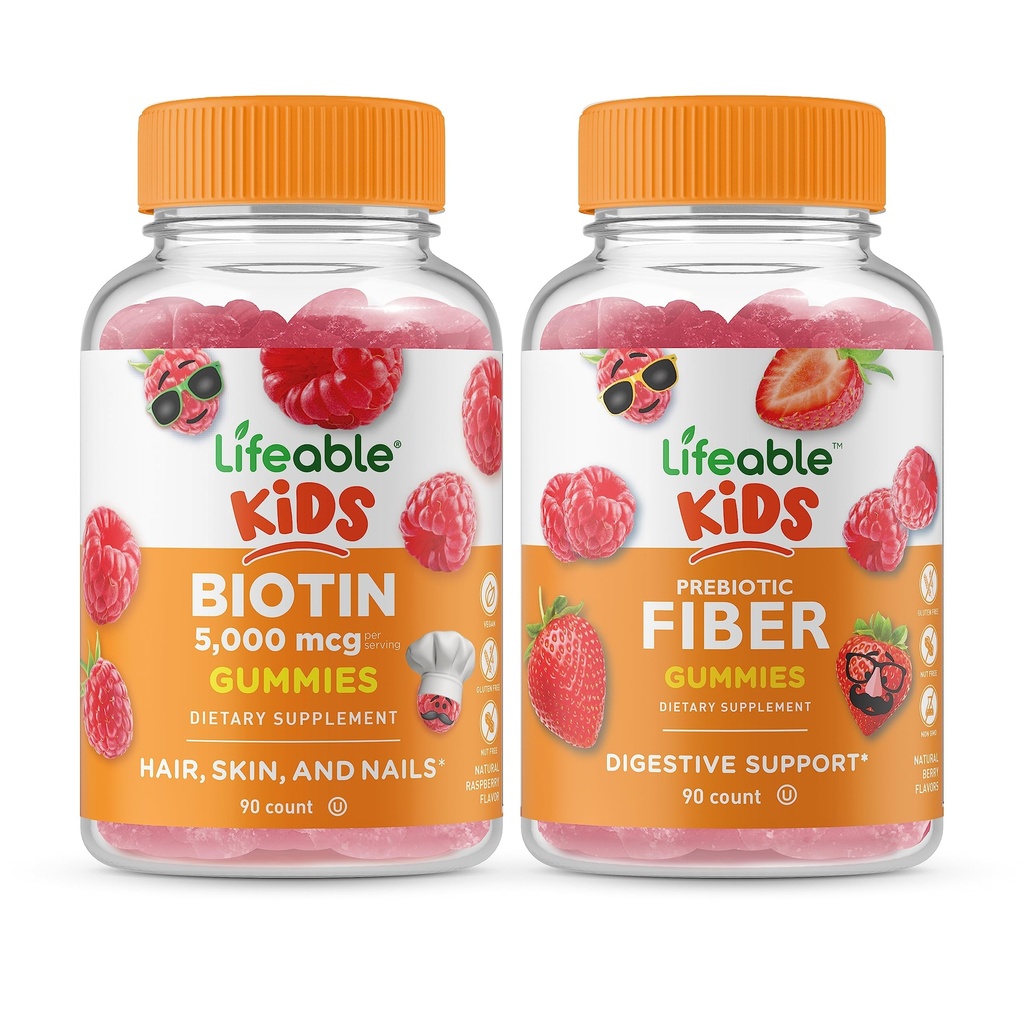 Lifeable Biotin Kids + Prebiotic Fiber Kids, Gummies Bundle - Great Tasting, Vitamin Suplemen, Gluten Free, GMO Free, Chewable Gummy