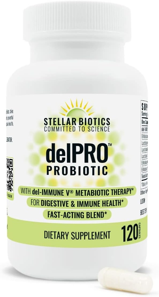 Del-Immune V ® + Delpro Probiotic & Prebiotic Blend by Stellar Biotics - Promotes Optimal Gut Health, Ditraffic, Immune Support & Mood (120 Capsules)