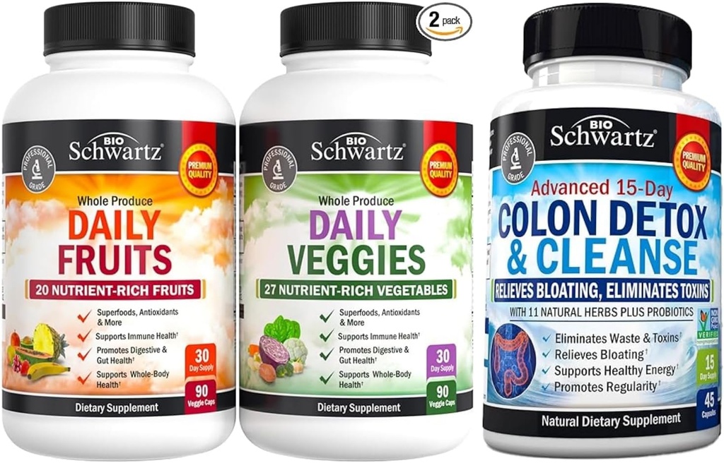 Daily Fruits and Vegies Supplement for Women and Men (1 Month Supply) Plus 15 Day Cleanse for Colon and Gut Health