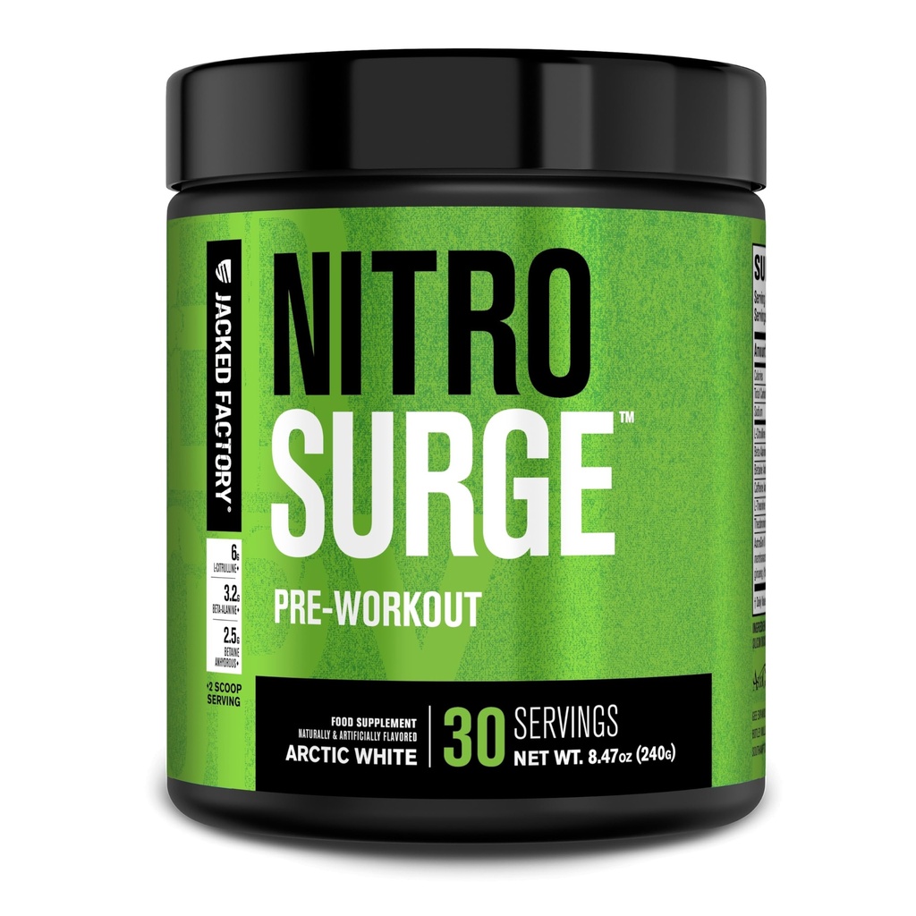 Jacked Factory NITROSURGE Pre Workout Supplement - Endless Energy, Instant Power Gains, Clear Focus, Intense Pumps - NO Booster & Powerful Pretraining Energy Quoder - 30, Arktik White