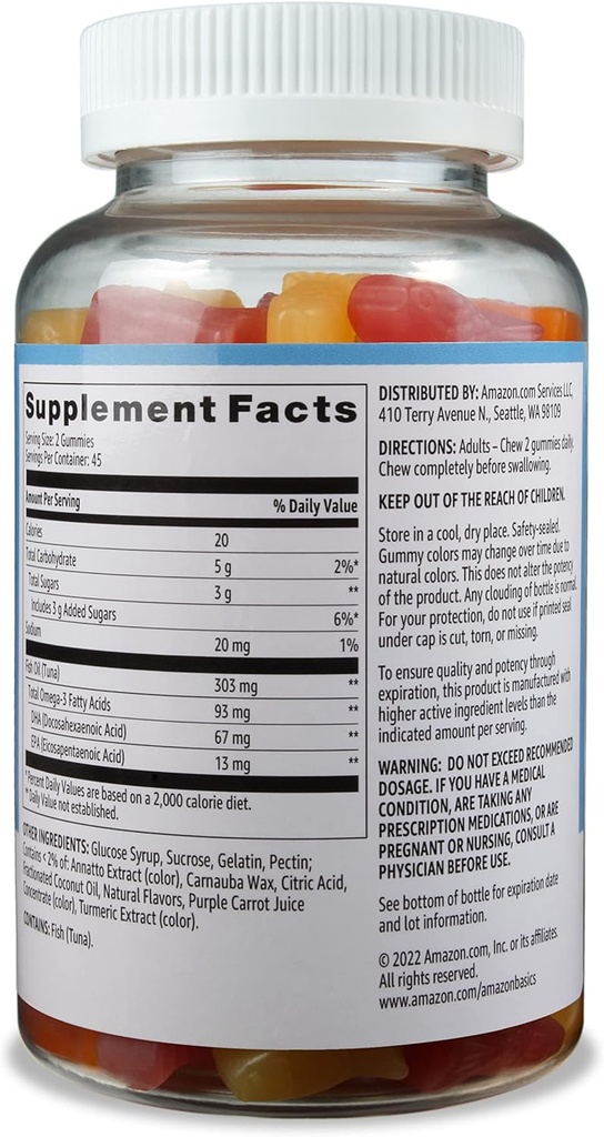 Basics Fish Oil 303 mg, Lemon, Orange & Strawberry- Banana Flavors, 90 Gummies (2 per Serving), EPA dan DHA Omegaga- 3 Acids Fatty (sebelumnya Solimo) (Paket 2)