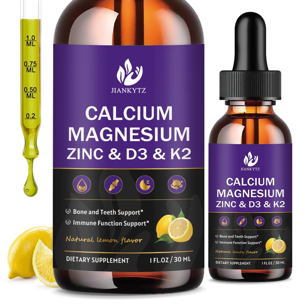 (2 Kemas) Kalsium Magnesium Cairan Zinc Drops untuk Perempuan dan Pria - Tulang & Gigi, Dukungan Imune, Tambahan Liquid Kalsium dengan Magnesium Glycinate, Vitamin C D3 K2 B6 dan Laut Moss 124; Gula Bebas
