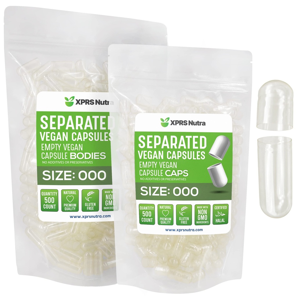 XPRS Nutra Vegan Ukuran 000 Kapsul Terpisah - 500 Count Premium Kosong Caps Terpisah di Bags - Hapus Kapsul Kosong - 000 Pil Untuk Penataan DIY