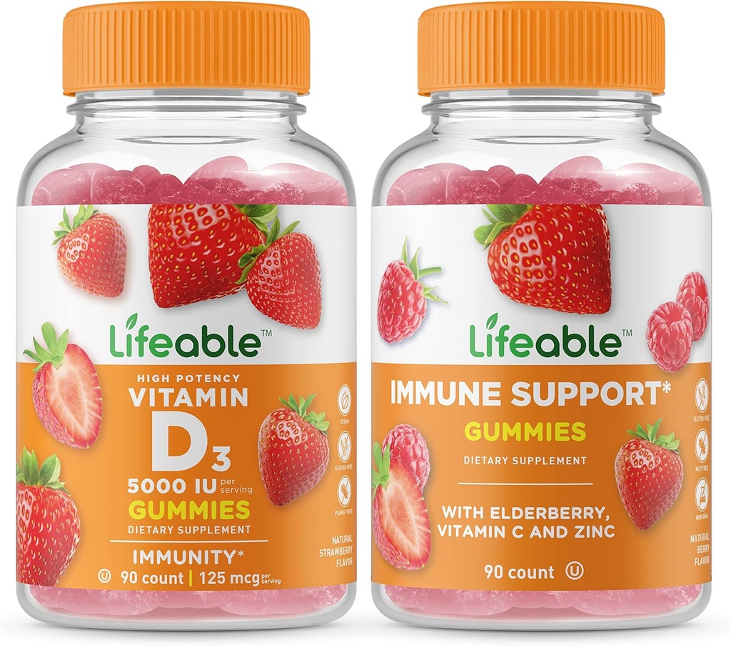 Dukungan IU + Ammune Lifeable Vitamin D 5000 +, Bundle - Great Tasting, Vitamin Suplemen, Gluten Bebas, GMO Bebas, Gummy Chewable