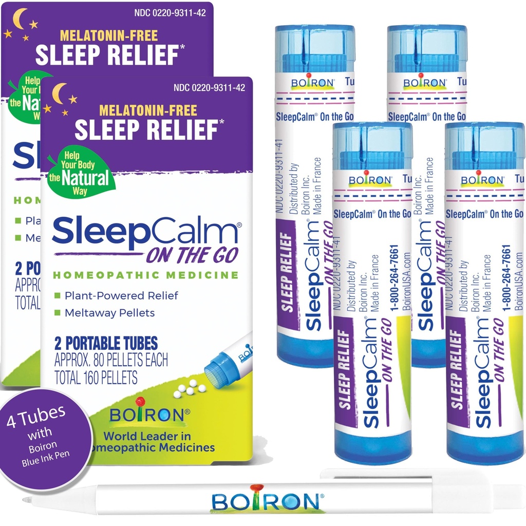 Boiron SleepCalm On The Go Sleep Aid for Deep, Relaxing, Restful Nighttime Sleep - Melonuning- Free and Non Habit- Forming - 80 Count per Tube - 4 Tubes dengan Blue Pen