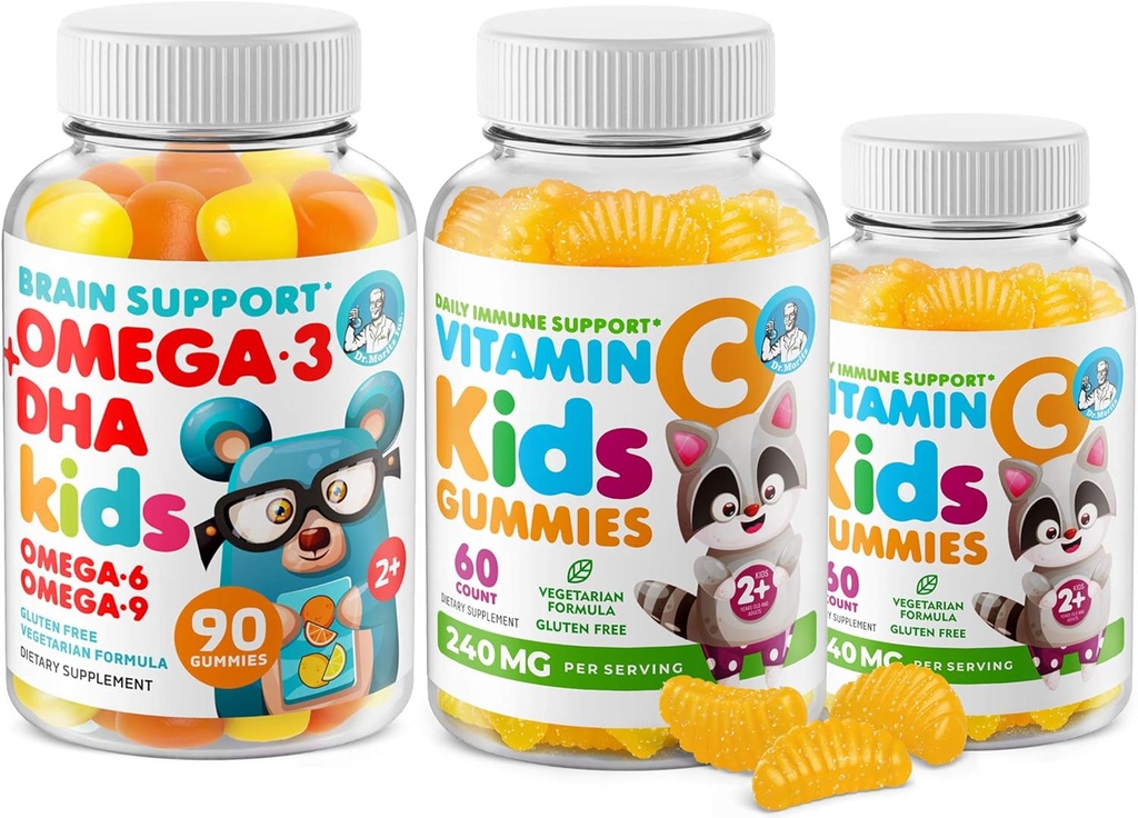 Omega-3 DHA Gummies & Vitamin C Gummies untuk Anak & Dewasa - Dukungan Imuniune, Lower-Sugar, Glatin- Gratis, Vegetarian, Vitamin Chewable untuk Toddlers
