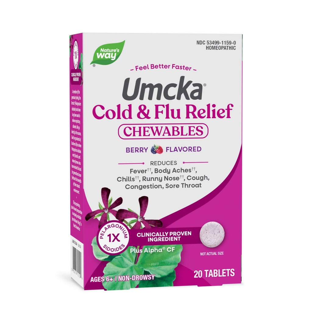 Nature 's Way Cold + Flu Relief, Umcka, Shortens Durasi dan Reduces Severity, Muly-Symptom Relief, Homeopathic, Phenylephrine Free, Non-Drowsy, Berry Flavored, 20 Tewable Tablets (Packaging May Very)