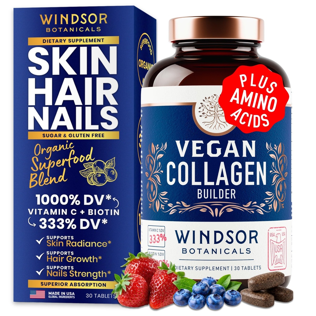 Vegan Collagen for Women and Men Supplemen - Vitamin C, Biotin, Amino Acids Glycine, Lysine, Proline, Organic Fruit & Vegetable Powder - Sekali satu hari - 30 Tanaman berdasarkan tablet Collagen Boost