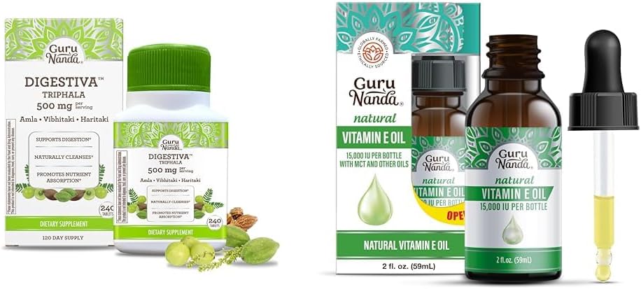 GuruNanda Digestiva Triphala (240 Tablet) & Vitamin E Oil (2 Fl Oz) - Pendukung Dibus, membantu Bloating & Constipation, Tambahan Diet dengan Amla, Haritaki & Bibhitaki