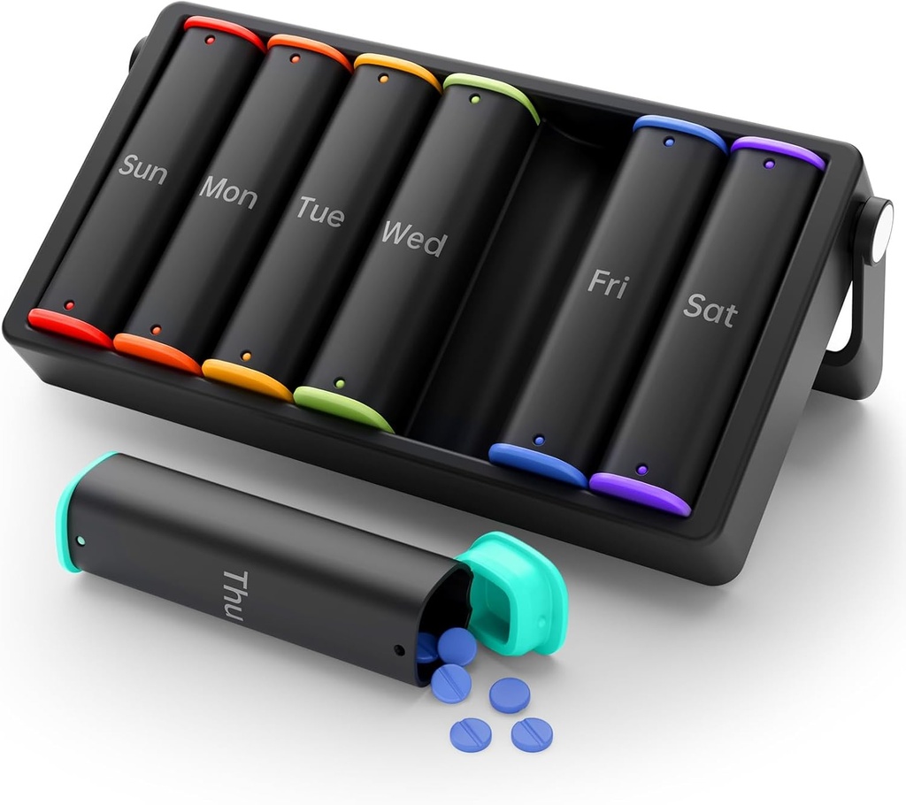 Weekly Pill Organizer 2 Kali sehari, KOVIU Large Travel Pill Box 7 Day, Am Pm Dua kali Kasus Harian Pil dengan Tangani Rotatable, Kontainer Pekan Holder untuk Persediaan Obat Vitamin Minyak Ikan, Hitam