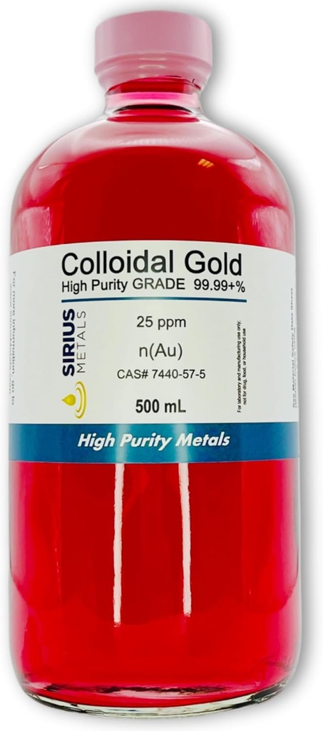 True Colloidal Gold - 25 plum - 99,99 +% Kemurnian - 500 mL (16.9 Fl Oz) dalam Glass Bottle - Dibuat di USA