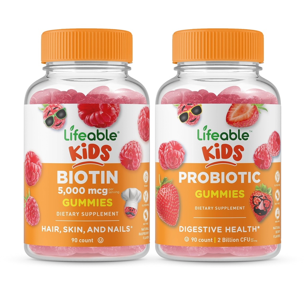 Lifeable Biotin Kids + Probiotic 2 Milyar CFU Kids, Gummies Bundle - Great Tasting, Vitamin Suplemen, Gluten Free, GMO Bebas, Gummy Chewable