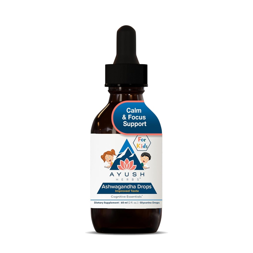 Ayush Herbs Ashwagandha Drops for Kids & Dewas - Alcohol- Free Ashwagandha Drops, Calming Daily Supplemen untuk Calm Focus dengan Organic Ashwagandha, Lemon Flavor - 2 Fl Oz (80 Pelayan)