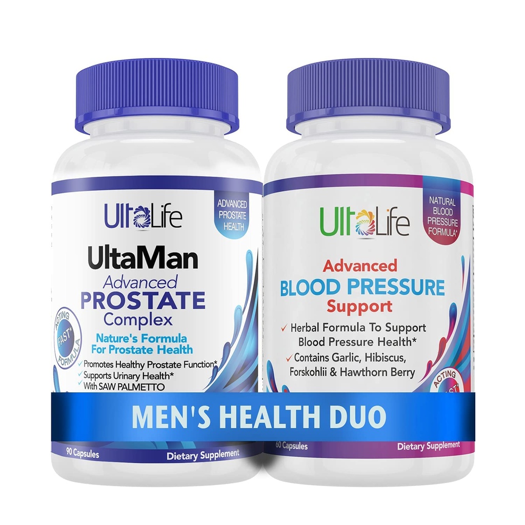 ULTALIFE Men 's Health Duo - 2 Bottles - One Prostate Support Complex with Saw Palmetto & Beta Sitosterol & One HIGH Tekanan darah Suplemen dengan Garlic & Hawthorn Berry Fast-Acting Capsules for Men
