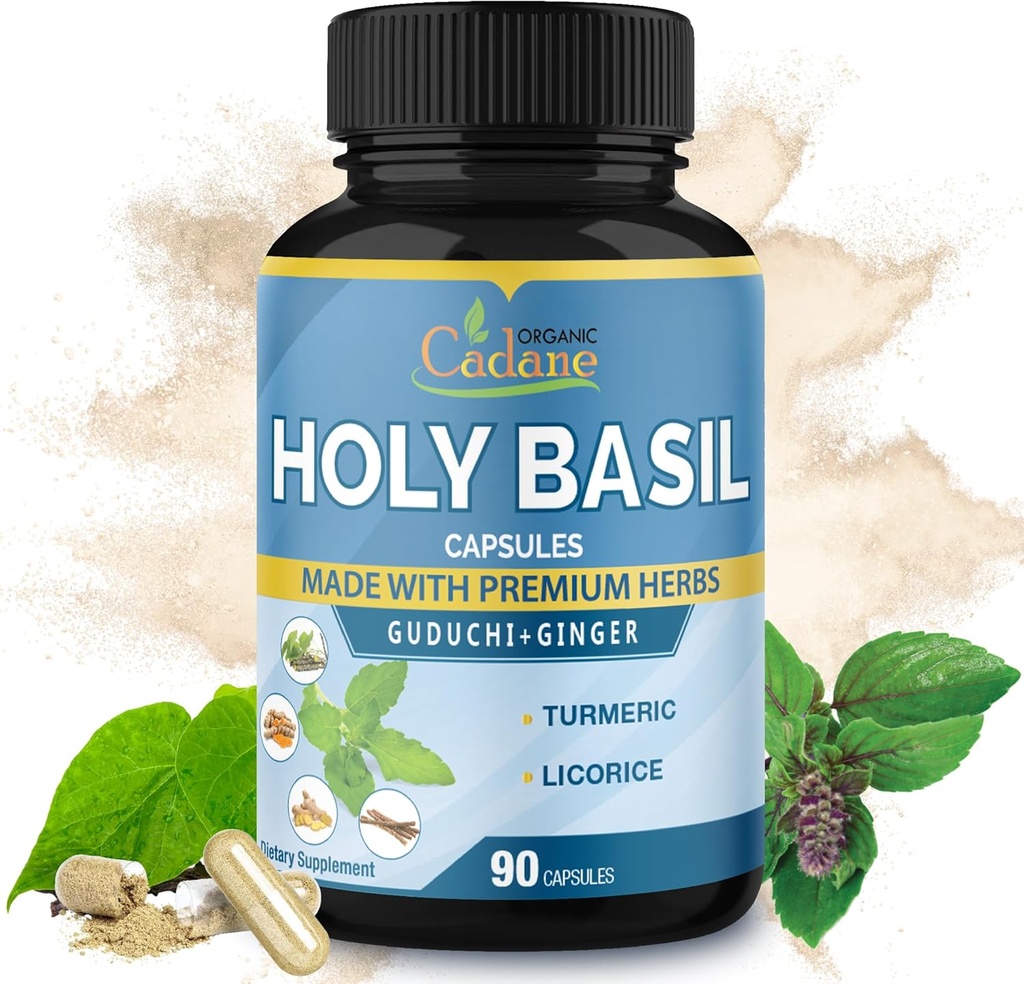 Cadane Holy Basil Suplemen Organik, 5in1 dengan Guduchi, Ginger, Turmeric Curcumin, Licorice - Mendukung Imune - 90 Kapsul selama 3 bulan