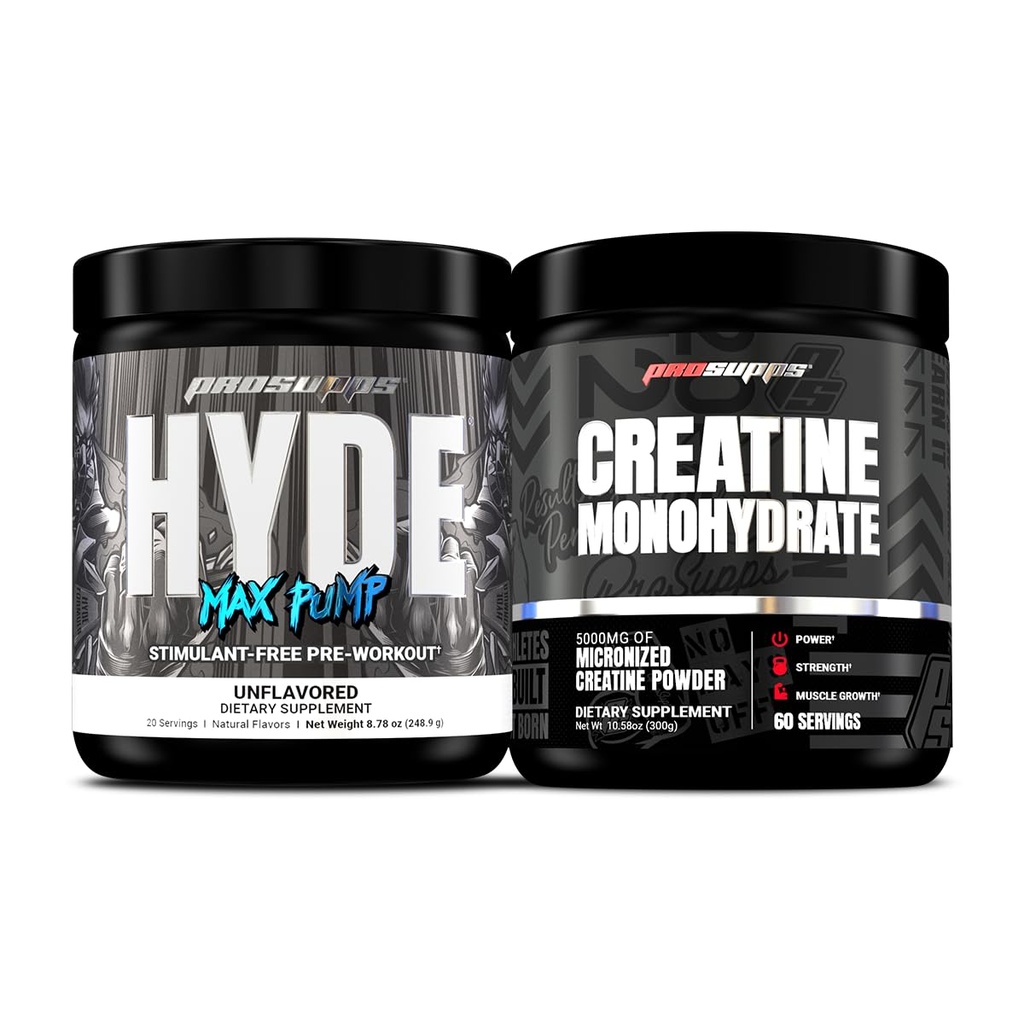 PROSUPPS Hyde Max Pompa Stimulant-Free Pre-Workout, Unflasheed and Creatine 300 Bundle