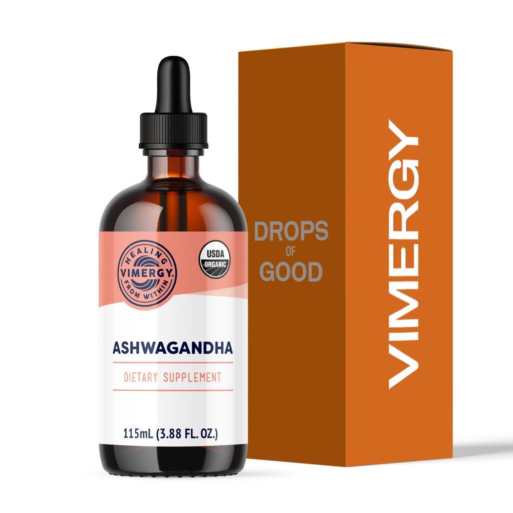 Vimergy USDA Organic Ashwagandha Extract, 57 pelayan - Stress Supplement Drops - Adaptogen - Supports Cognitive Fungsi - Sleep Support - Free, Non- GMO, Vegan & Paleo Friendly (115 ml)