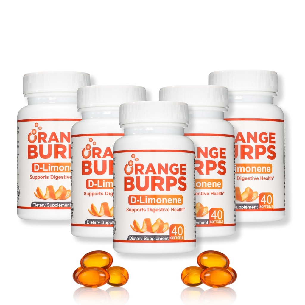 Orange Burps 14; D-Limonene Suplemen - Acid Reducer (Antax for Acid Reflux), Relief Heartburn, GERD Relief, and Inditraffic Relief 124; Orange Peel Extract for Health and Wellness (1,000 mg, Pack of 5)