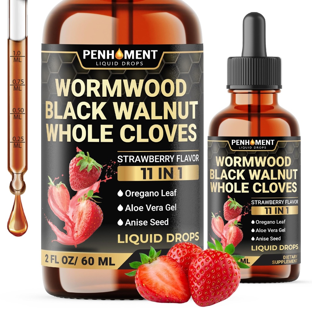 1101 Wormwood Liquid Drops - Black Walnut Wormwood Extract with Whole Cloves, Reishi, Peppermint, Oregano, Aloe Vera, Anise Benih - 2 FL OZ - 60 Days Supply - Strawberry Flavor