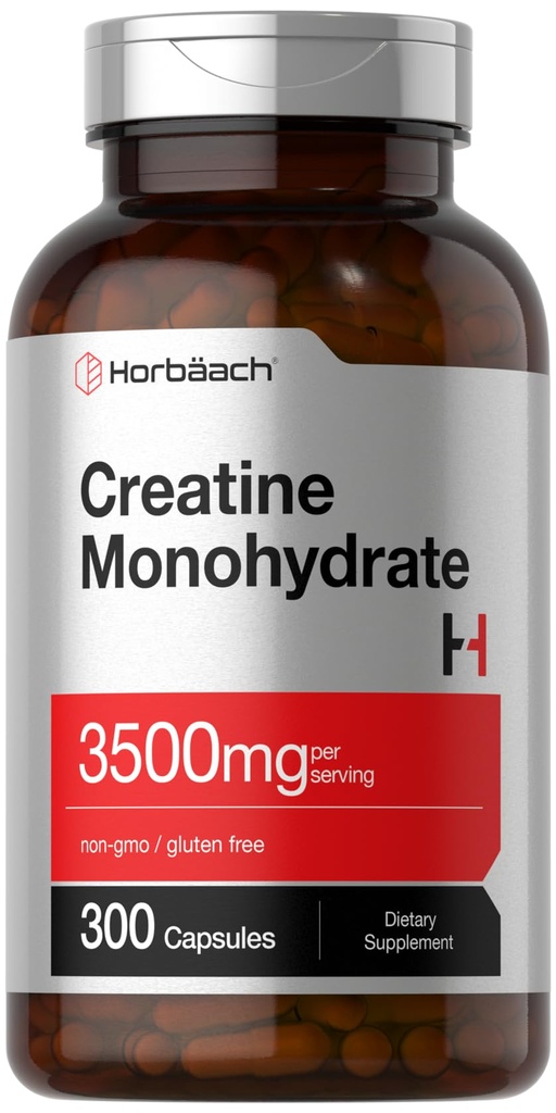 Horbäach Creatine Monohydrate Capsules 124; 3500mg 124; 300 Count 124; Non-GMO dan Gluten Free Supplemen