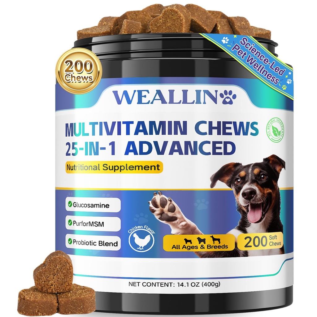 Vitamin Anjing - 25-in- 1 Anjing Vitamin dan Suplemen Multivitamin dengan Omegamin Glukossin - 3 Puppy Multivitamin Chewable for Coat, Heart, HIPS & Joints, Dibuble & Imune System 200 pcs