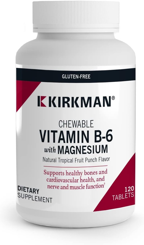 Kirkman - Vitamin B6 dengan Magnesium - 120 Tablet - Vitamin B6 & Magnesium Suplemen - Chewable Wafer - Hipoallergenik