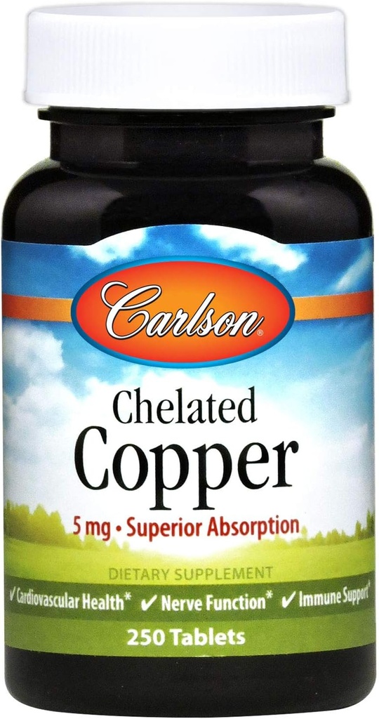 Carlson - Chelated Copper, 5 mg, Absorpsi Superior, Sirkulasi Kesehatan, Fungsi Nerve & Imune Dukungan, 250 Tablet