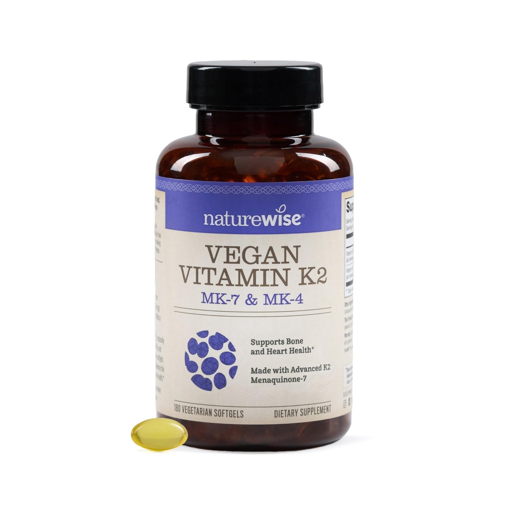 NaturreWise Vitamin K2 600mcg Tambahan dengan MK-7 100mcg & MK-4 500mcg - Enhanced Biovailable Formula - K Complex for Bone and Heart Health - Vegan, Gluten Free, Non.GMO -180 Softgels [6- Bulan Supply]