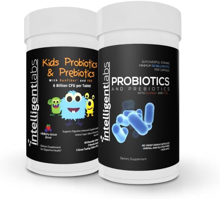 Lab Cerdas 2-in- 1 Bundle Progres Kids (6 Milyar CFU dengan Sunfiber dan FOS) + Progres Dewasa (50 Milyar CFU, 10 Strains), Tidak Diperlukan Redemiasi, 2 Bulan Persediaan Botol